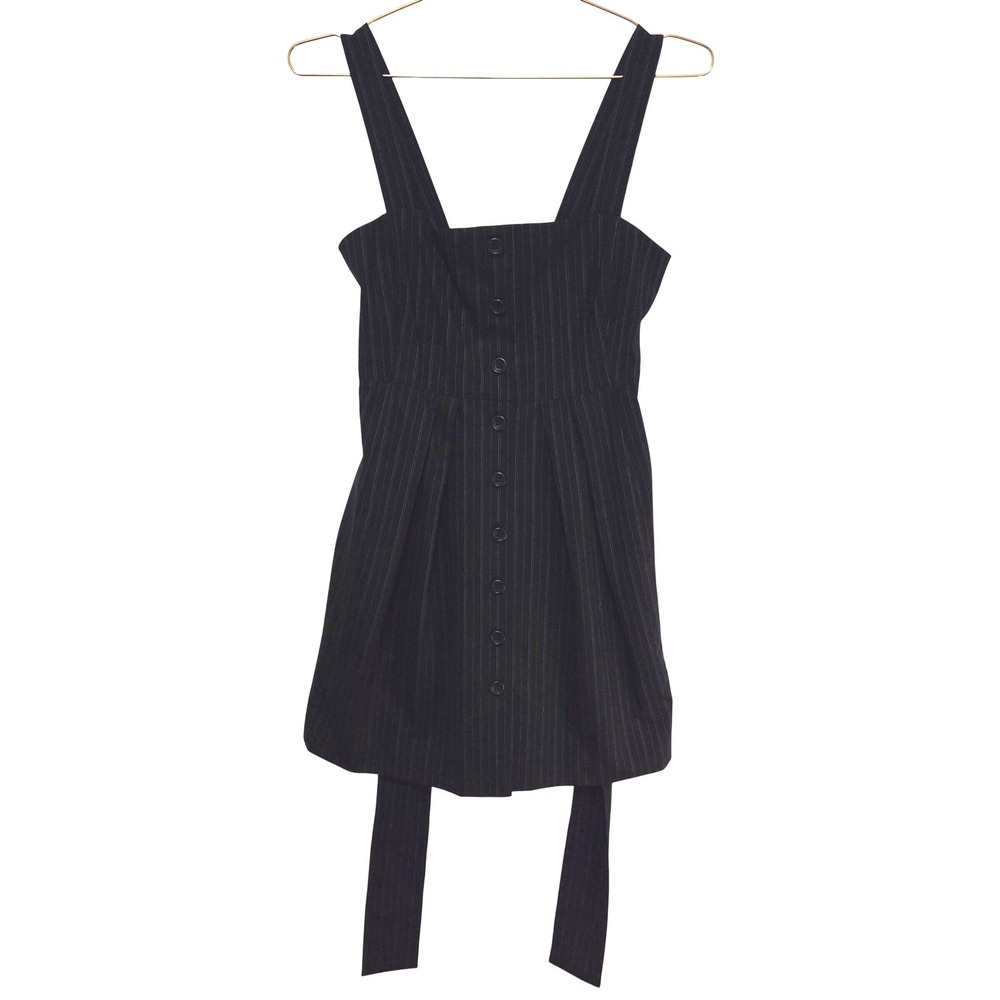 Theory Kantarai Lemonde Black Pinstripe‎ Wool Mini Dress Button Front Tie Back 0